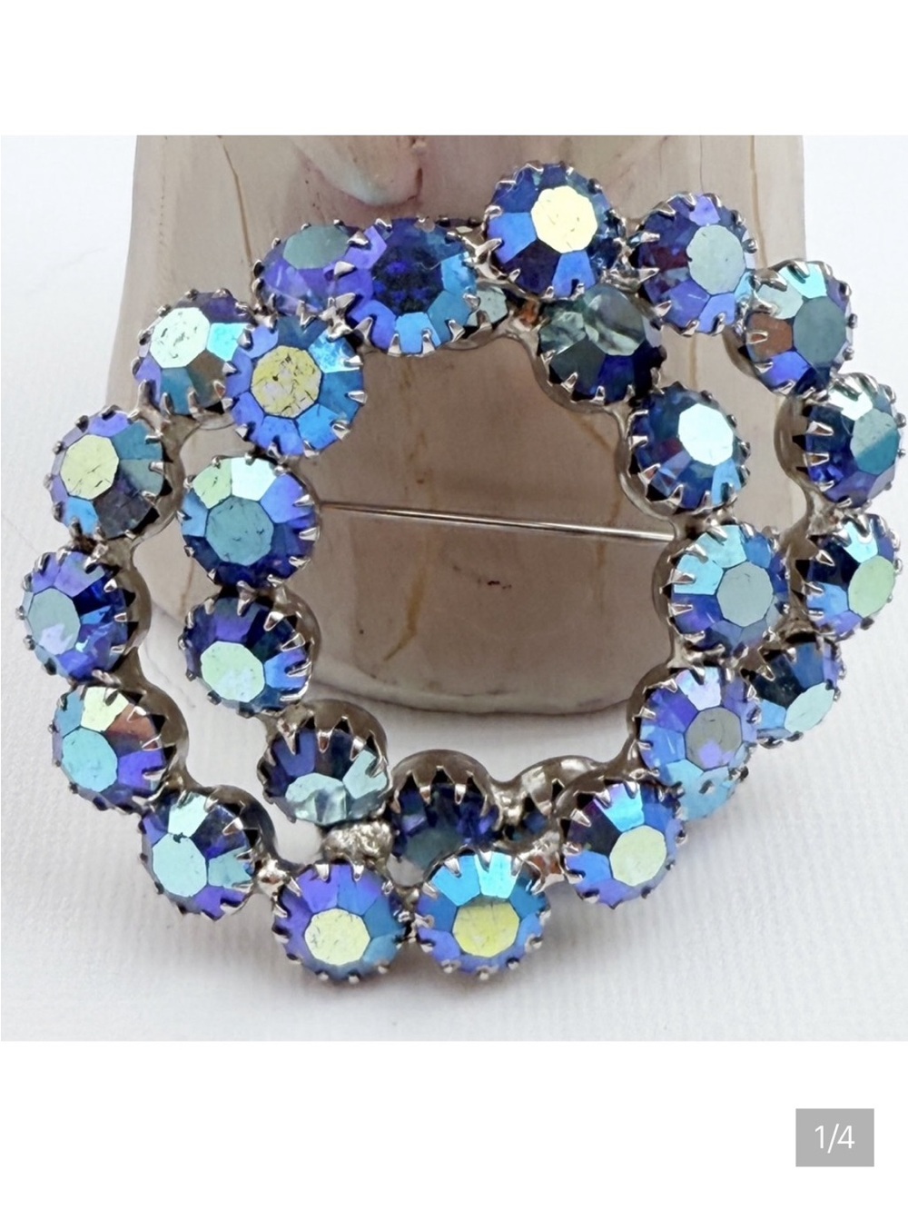 Vintage prong set double wreath brooch shades of blues AB rhinestones